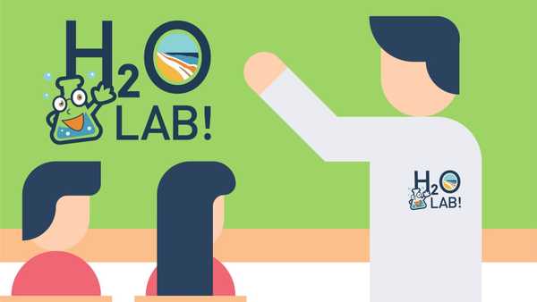 Illustration of a classroom scene with a presenter waving beside a large H2O Lab logo, while two seated students face the front. Green background with simple flat-design figures.